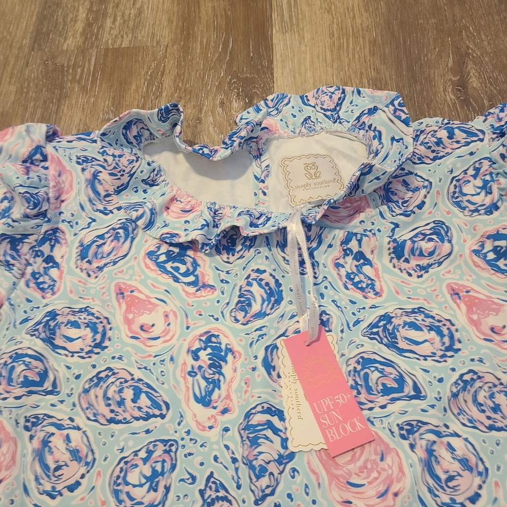 Simply Southern Blue and Pink Oyster Ruffle Neck Top NWT Tags XL - Picture 3 of 5